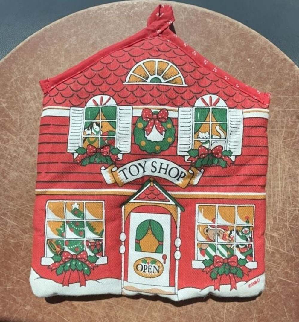 Vintage Christmas Toy Shop House Shaped Padded Pot Holder